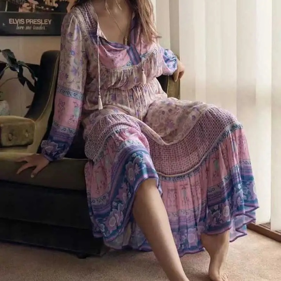 Boho Lilac Purple Floral Print Stretchy Waist Maxi Skirt - Picture 3 of 9